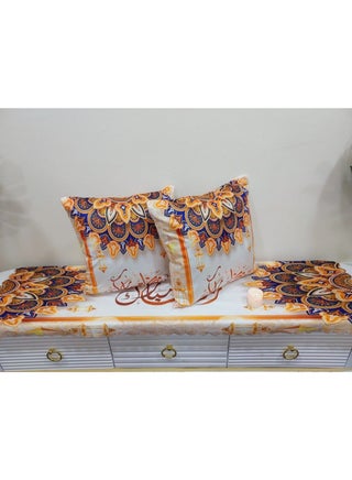Runner set and 2 Ramadan cushions: runner and 2 pillowcases. Runner: 140 cm, cushion: 40*40 cm. Color: white and yellow.